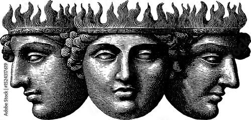Engraved illustration of hecate with three faces - mythological and symbolic art design