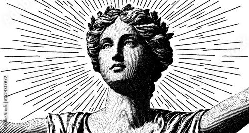 Engraved artwork of hemera spreading daylight - mythological goddess concept for artistic design