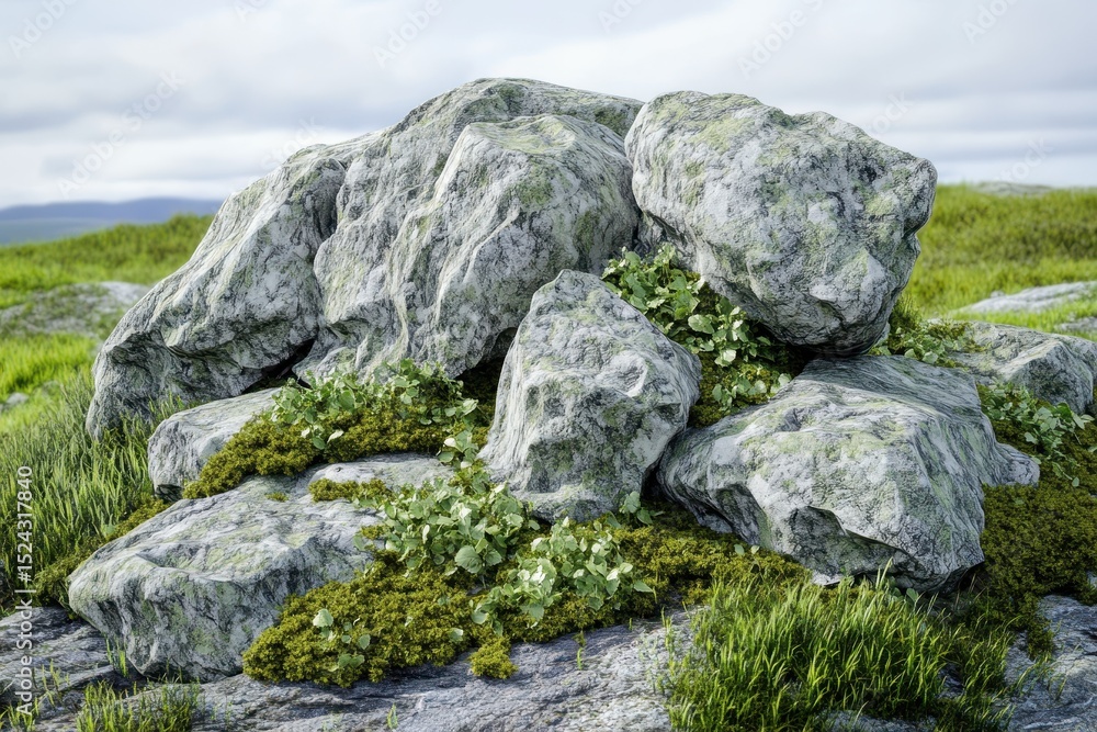 Realistic natural rocks with green moss around, Natural rocks with a textured surface, surrounded by rich green moss, depicting a tranquil outdoor setting Realistic natural rocks with green moss around, Natural rocks with a textured surface, surrounded by rich green moss, depicting a tranquil outdoor setting