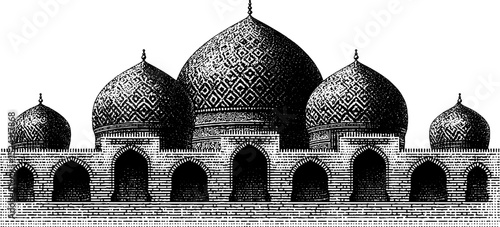 Engraved illustration of islamic architecture with ornate domes and arches for cultural design projects