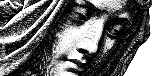 Engraved illustration of kore statue with detailed features for artistic inspiration
