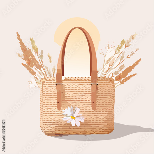 Woven straw bag with leather handles and floral accent, surrounded by dried grasses, illuminated by soft sunlight, creating a warm, bohemian boho atmosphere with natural textures
