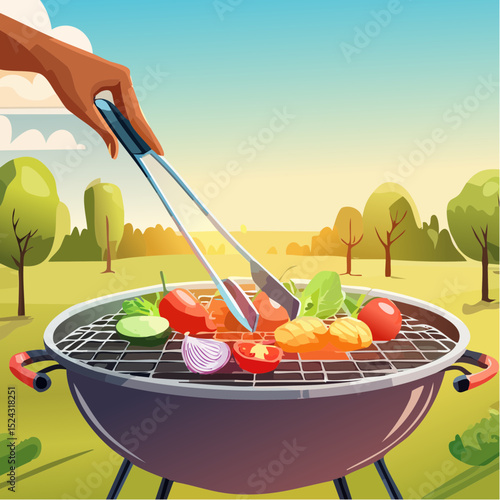 Grilling colorful vegetables and fruits on a barbecue grill in a sunny outdoor setting, showcasing vibrant food preparation and summer cooking enjoyment