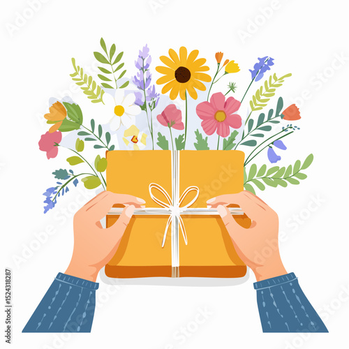 Hands tying ribbon on a summer gift box adorned with wildflowers, showcasing boho style and craft aesthetics, perfect for seasonal celebrations and gifting moments
