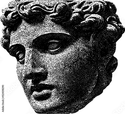 Mosaic style engraved illustration of classical statue fragment