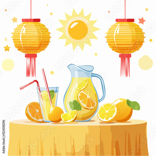 Refreshing lemonade pitcher with sliced lemons and oranges, served in a glass with straws, surrounded by decorative lanterns and a bright sun illustration, perfect for summer vibes