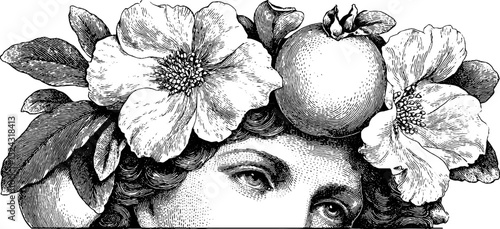 Engraved art of persephone with pomegranate and floral headpiece