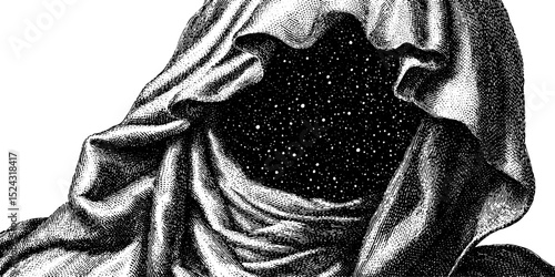 Engraved illustration of nyx cloaked in stars with mysterious cosmic theme