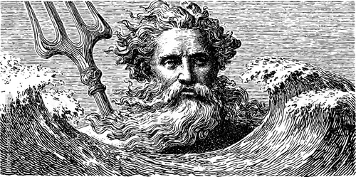 Engraved illustration of poseidon with trident in ocean waves for mythology art and design