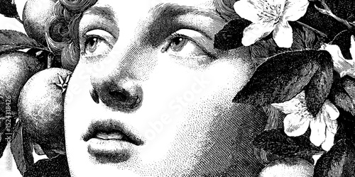 Engraved illustration of persephone with pomegranates and flowers