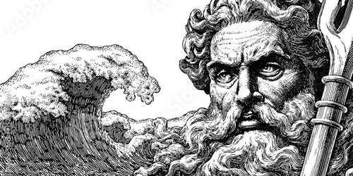 Engraved poseidon illustration with trident and waves for mythological art print