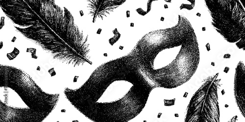 Elegant engraved mask and feather pattern for festive event design