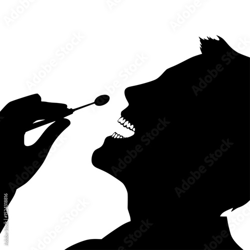 a black and white silhouette of a woman eating food from a spoon black, eat, food, man, mouth, silhouette, spoon, tooth, woman , Generative art.