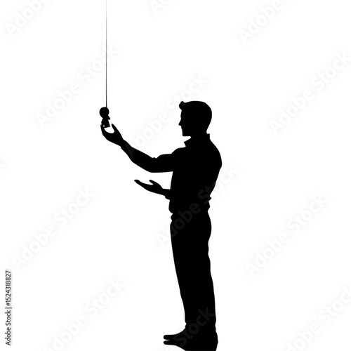 a black silhouette of a man holding a rope in his hands balloon, black, hand, hold, man, rope, silhouette, stand , Generative art.