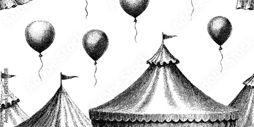 Vintage circus tent pattern with balloons – engraved artistic design for timeless decor