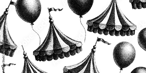 Intricate engraved circus theme seamless pattern with tents and balloons for creative design