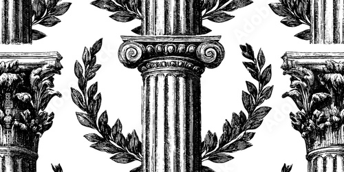 Engraved seamless pattern of classical columns with laurel wreaths for vintage design