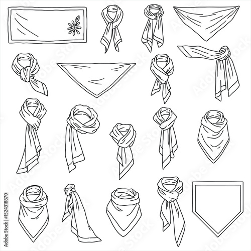 Elegant vector collection of various fashion scarves, showcasing diverse draping and tying styles in clean outline. Ideal for apparel, accessory, and lifestyle design projects.