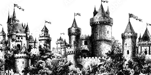 Medieval castle seamless pattern engraved illustration for design and decor