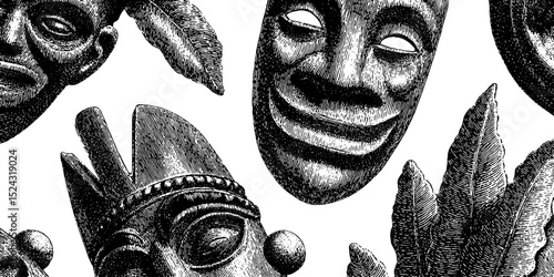 Intricate engraved illustration of tribal masks seamless pattern design for artistic decoration