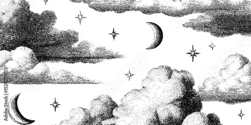 Vintage seamless pattern with clouds, moons, and stars for classic design themes