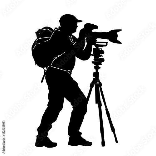 a black and white silhouette of a man with a backpack and camera backpack, black, camera, man, photographer, picture, silhouette, tripod , Generative art.