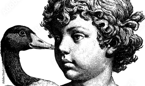 Engraved illustration of classical statue depicting boy with goose. Detailed vintage sculpture drawing with intricate linework