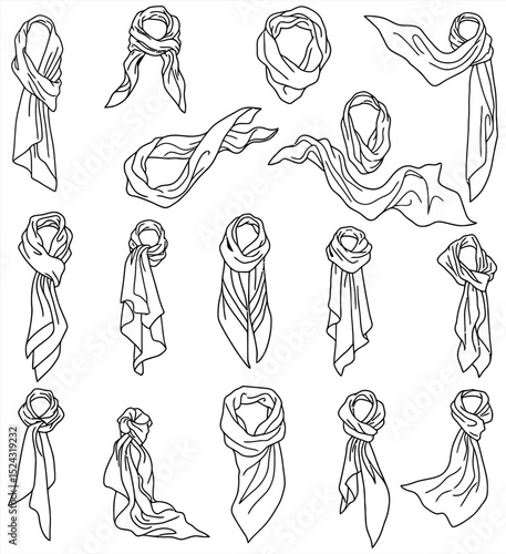 Elegant vector collection of various fashion scarves, showcasing diverse draping and tying styles in clean outline. Ideal for apparel, accessory, and lifestyle design projects.
