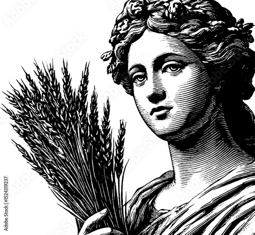 Engraved illustration of demeter statue holding wheat for mythology art design