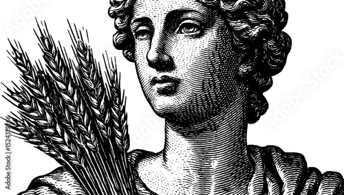 Engraved illustration of demeter statue holding wheat depicting harvest theme