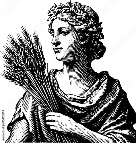 Engraved illustration of demeter statue holding wheat sheaves