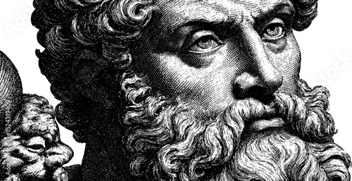 Classical engraved illustration of heracles statue with intricate details