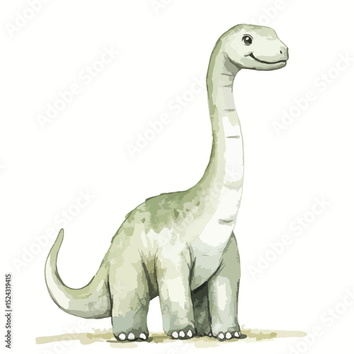Watercolor Illustration of a Friendly Juvenile Sauropod Dinosaur