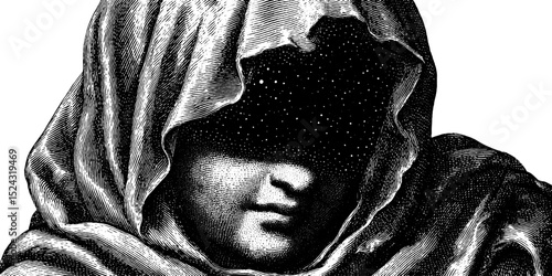 Intricate engraved illustration of nyx statue with celestial night elements