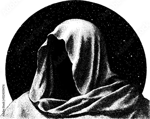 Engraved illustration of nyx statue with night sky for mythological art