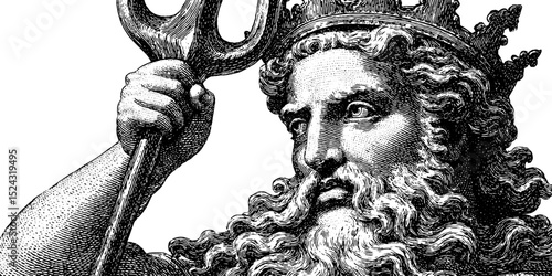 Detailed engraving of poseidon holding trident for mythological art design