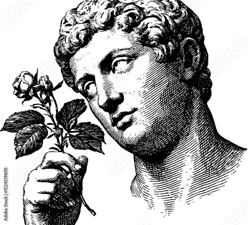 Engraved illustration of zephyrus statue holding flowers - classical art design for decoration