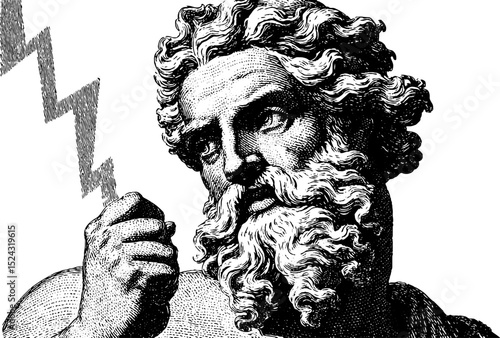 Engraved illustration of zeus holding bolt - mythological greek god art concept for design