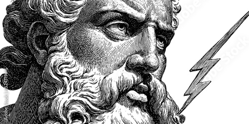 Detailed engraved illustration of zeus statue with lightning bolt