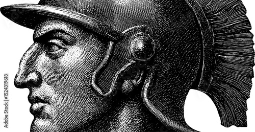 Stylized engraved illustration of classic warrior statue for historical art and design