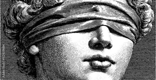 Engraved illustration of themis blindfolded symbolizing justice and impartiality