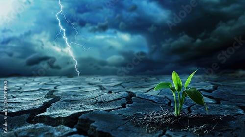 Sprouts emerge from the dry soil as a symbol of hope, resilience and growth in the face of environmental adversity. Balance of nature, renewal, and miraculous persistence and transformation.