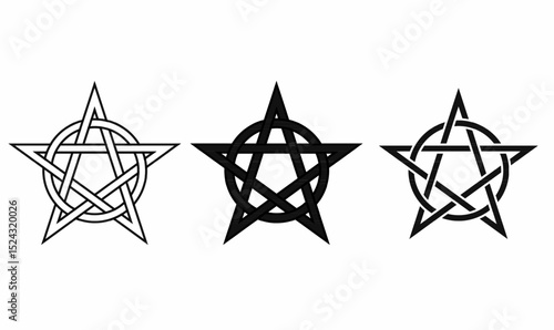 Set of pentagram knot symbols in Celtic style, including outline, solid, and line-art versions. Ideal for pagan, tattoo, esoteric, and decorative design use.