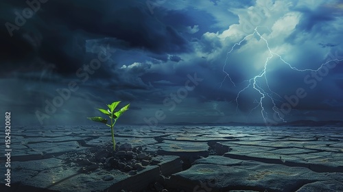 Sprouts emerge from the dry soil as a symbol of hope, resilience and growth in the face of environmental adversity. Balance of nature, renewal, and miraculous persistence and transformation.