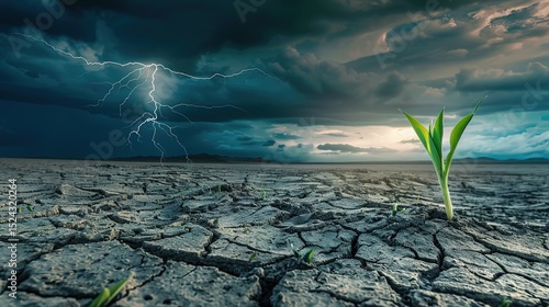 Sprouts emerge from the dry soil as a symbol of hope, resilience and growth in the face of environmental adversity. Balance of nature, renewal, and miraculous persistence and transformation.