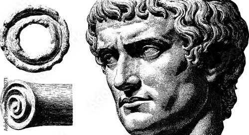 Engraved antique seal ring and classical bust illustration for historical design projects