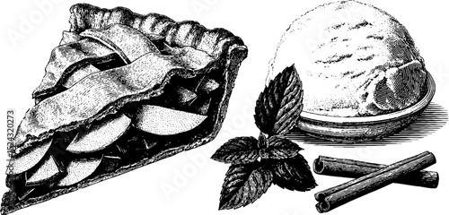 Vintage engraved apple pie slice with ice cream and cinnamon illustration
