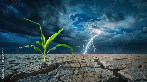 Sprouts emerge from the dry soil as a symbol of hope, resilience and growth in the face of environmental adversity. Balance of nature, renewal, and miraculous persistence and transformation.