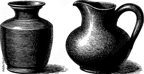 Engraved illustration of asymmetric jug and vase design for artistic projects