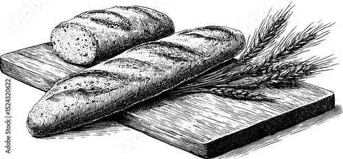 Engraved illustration of baguette and wheat on cutting board for bakery design